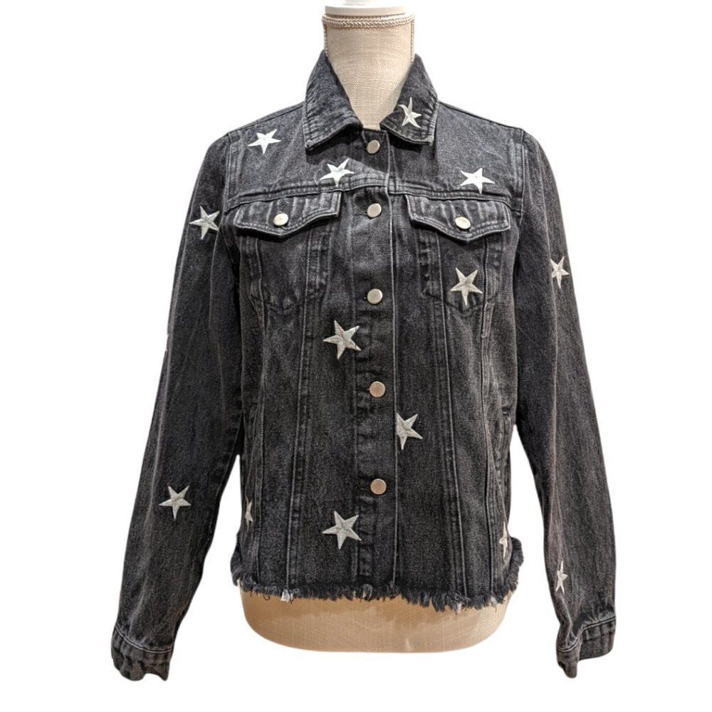 Honey Punch Women's Charcoal Star Patterned Denim Jacket Raw Hem Size S